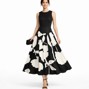 J Peterman Italian Floral Dress Silk Blend Black Ivory Fit & Flare Size 4🧡